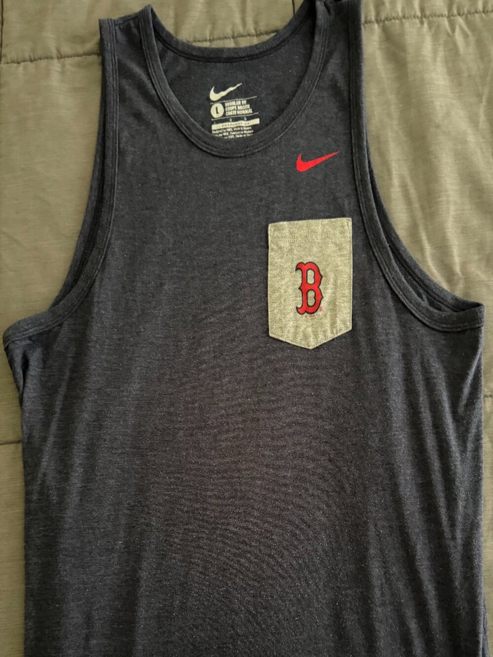 Nike Boston Red Sox MLB tri-blend tank top in a dark charcoal heather color.